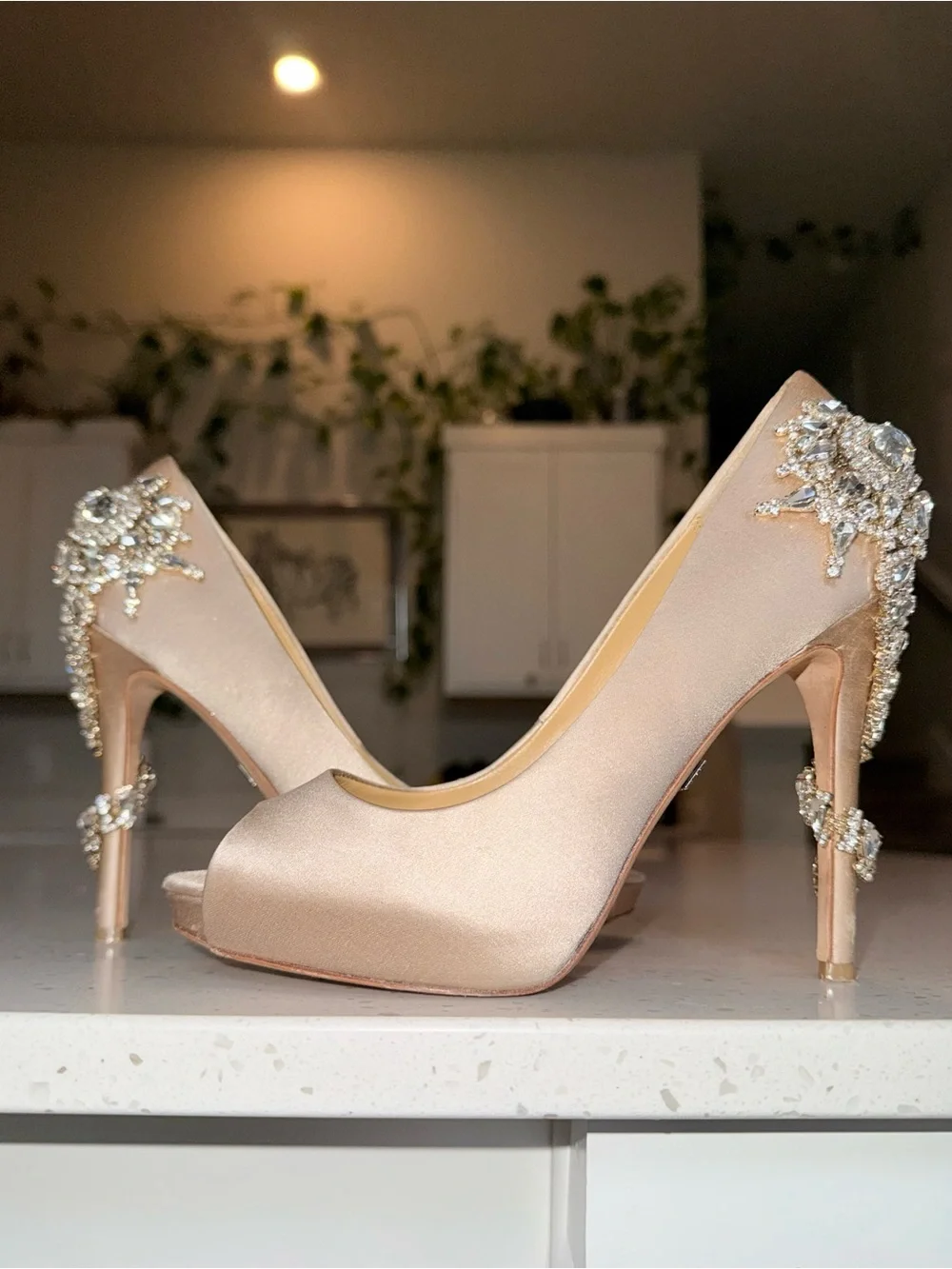 Badgley Mischka Rose Gold Satin Peep-Toe Heels with Crystal Brooches